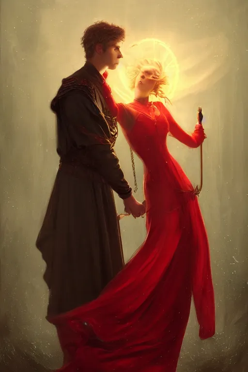 Image similar to a portrait of handsome young male nordic Satan wearing a halo of light and his elegant beautiful nordic witch wife dressed in red, bored, illustration, dramatic lighting, soft details, painting oil on canvas, art nouveau, octane render, HDR, 4k, 8k, HD, by Edmund Blair Leighton, Brom, Charlie Bowater, trending on artstation, faces by Tom Bagshaw, Sargent