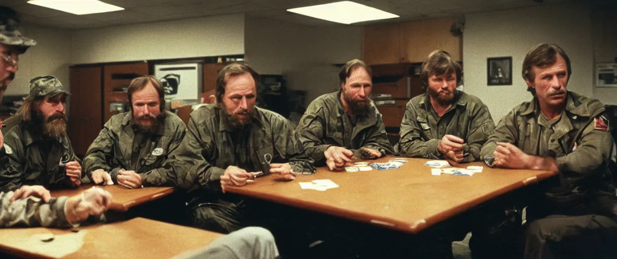 Prompt: a high quality extreme wide establishing shot hd 4 k film 3 5 mm color photograph of a group of grizzled caucasian male civilian military contractors sitting at a square table playing cards in a dimly lit breakroom smoking ciggarettes in 1 9 8 2