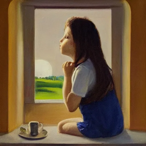 Image similar to painting of brunette girl looking out the window at the moon, love