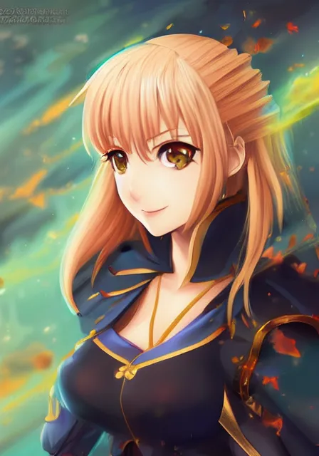 Image similar to A fantasy anime portrait of saber in anime fate, digital painting, by Yoneyama Mai and Rossdraws, digtial painting, trending on ArtStation, deviantart