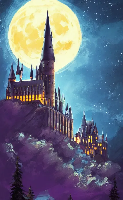 Image similar to a beautiful illustration of hogwarts at night, art of alena aenami, featured on artstation, vertical orientation, paint brush strokes, expressionism, brushstroke - laden, breathtaking clouds, birds, ocean, beautiful stars, long exposure, big moon radius, airy midnight magical theme, blue purple gradient, lens flare