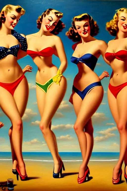 Prompt: 1940s group of pinup bikini girls, oil painting, by Gil Elvgren
