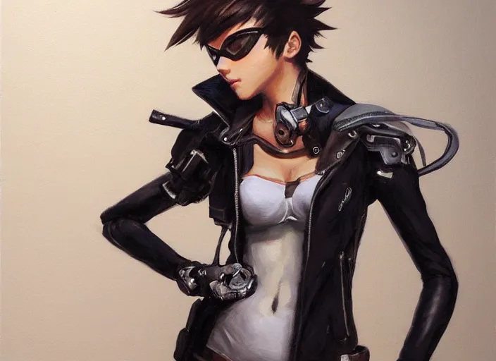 Image similar to a highly detailed beautiful portrait of tracer from overwatch as 2 b nier automata wearing a leather jacket, by gregory manchess, james gurney, james jean