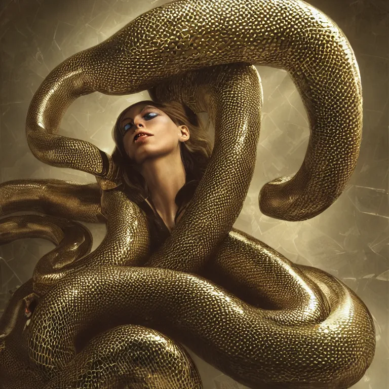 Image similar to low angle octane render portrait by wayne barlow and carlo crivelli and glenn fabry, a giant shiny reflective cyborg robotic boa constrictor wrapped tightly around a beautiful model in a shiny metallic jungle, very short depth of field, bokeh