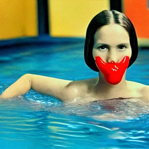 Image similar to a woman wearing a long nose in a swimming pool live-action childrens television show 1974 technicolor