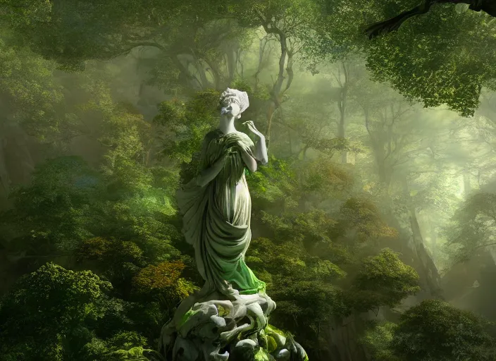 Image similar to an idealistic marble statue with fractal flowery hair and fair porcelain face and green eyes, in a magical forest, painted by, mc escher, gordon onslow ford, georgia o'keeffe and ivan aivazovsky, cinematic light, god rays, colourful, unreal engine, zbrush central,