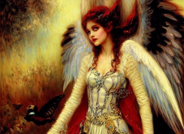 Image similar to horizontal prtrait of an angel knight gothic girl, baroque dress. by gaston bussiere