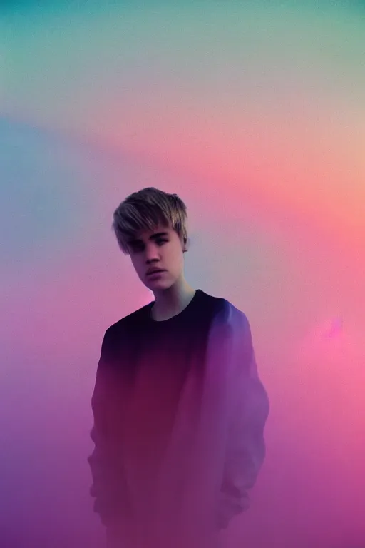 Image similar to high quality pastel coloured film close up wide angle photograph of justin bieber wearing clothing swimming on cloud furniture in a icelandic black rock environment in a partially haze filled dreamstate world. three point light, rainbow. photographic production. art directed. pastel colours. volumetric clouds. pastel gradient overlay. waves glitch artefacts. extreme facial clarity. 8 k. filmic.