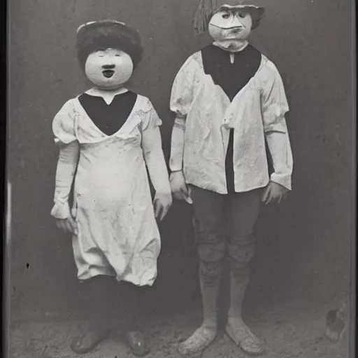 Prompt: Kids in vintage Halloween costumes, photo taken on an old box camera, black and white, film grain, 1920s, Daguerreotype, old photo, detailed, grotesque