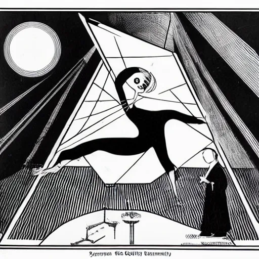 Prompt: the somnambulist from the cabinet of dr. caligari playing a very large moog modular synthesizer, style of aubrey beardsley