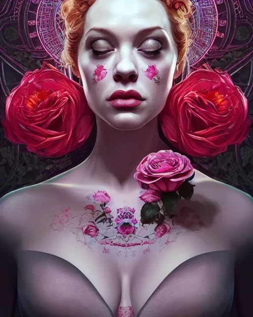 Image similar to perfectly - centered!! looking camera!! symmetrical!! portrait of christina hendricks with roses, baroque, roses, intricate abstract upper body intricate artwork, by tooth wu, wlop, beeple, dan mumford. concept art, octane render, deviantart, greg rutkowski, cinematic arthouse, key art, hyper realism, iridescent accents