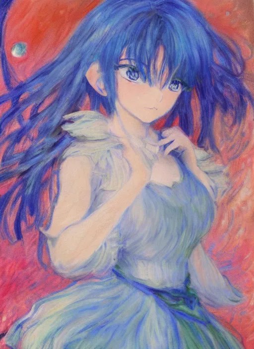 Image similar to a portrait of a moon princess, blue outfit, very anime in impressionist style, trending artwork, anime painter studio, by claude monet