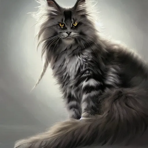 Image similar to a big old menacing dark grey maine coon cat with white belly, white paws and white face markings with long fur and fluffy tail, sitting, intricate, elegant, highly detailed, digital painting, artstation, concept art, matte, sharp focus, illustration, art by Artgerm and Greg Rutkowski and Alphonse Mucha