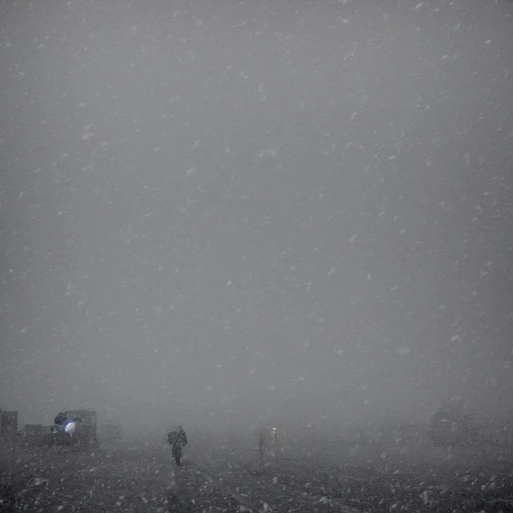 Image similar to photo of shiprock, new mexico during a snowstorm. a old man in a trench coat and a cane appears as a hazy silhouette in the distance, looking back over his shoulder. cold color temperature. blue hour morning light, snow storm. hazy atmosphere. humidity haze. kodak ektachrome, greenish expired film, award winning, low contrast,