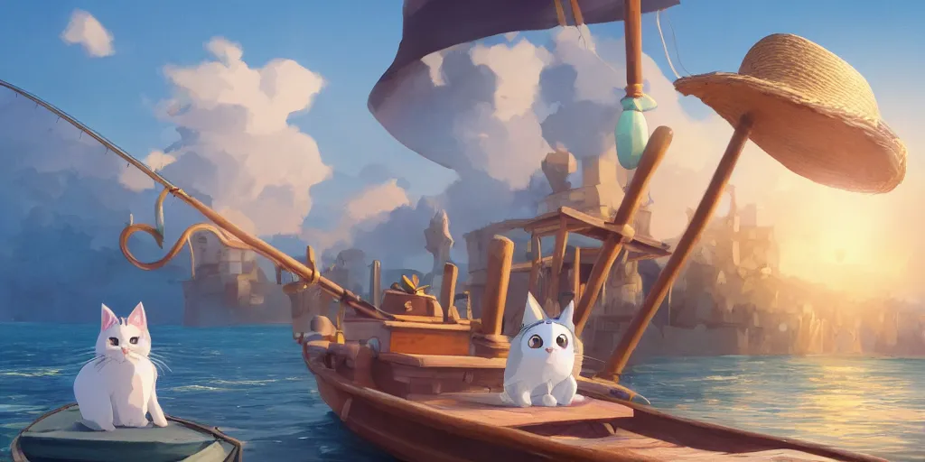 Image similar to a wholesome animation key shot of a cute cat on a fishing boat wearing a sunhat, studio ghibli, pixar and disney animation, sharp, rendered in unreal engine 5, anime key art by greg rutkowski, bloom, dramatic, dynamic lighting