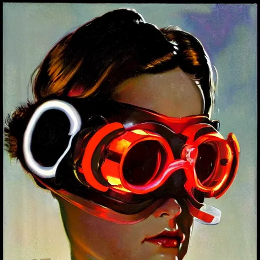 Image similar to cyberpunk woman with glowing goggles, by norman rockwell