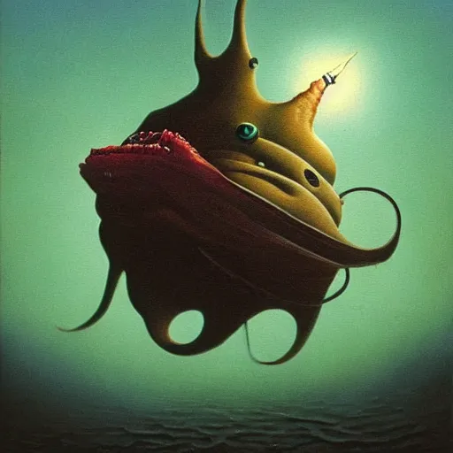 Prompt: a painting of a angler fish with a light in its mouth, a surrealist painting by zdzisław beksinski, behance contest winner, fantasy art, lovecraftian, bioluminescence, fractalism