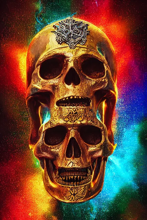 Prompt: 35 mm lens photo of chthonic skull lsd colors wearing a golden roman helmet with sharp teeth and rgb background smoke, direct sunlight, glowing, vivid, detailed painting, Houdini algorhitmic pattern, by Ross Tran, WLOP, artgerm and James Jean, masterpiece, award winning painting