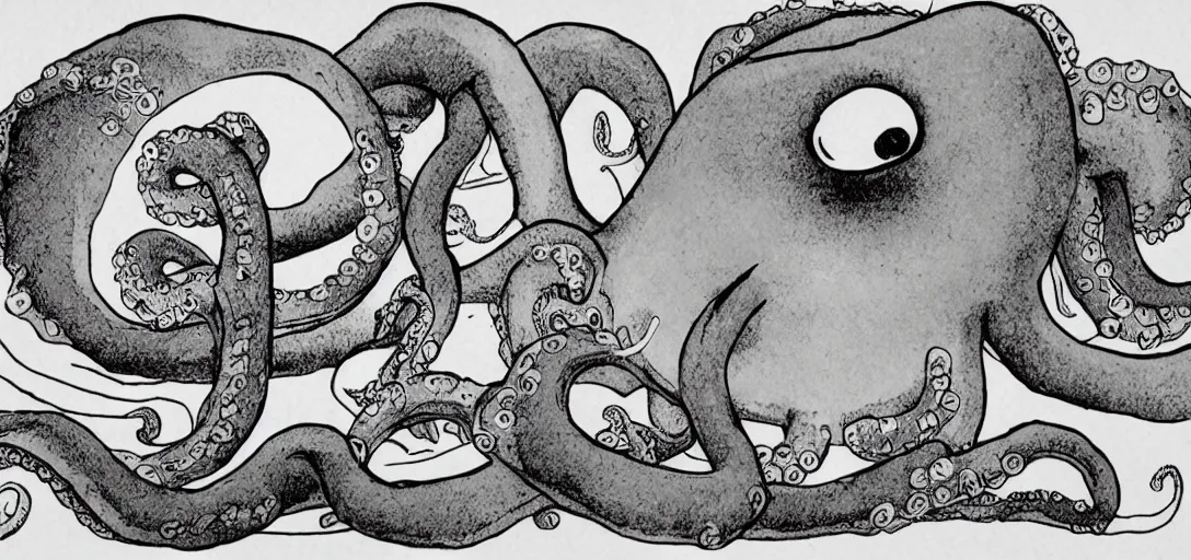 Image similar to children's book illustration of a sad octopus