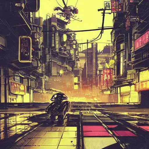 Image similar to Masamune Shirow simon stalenhag exterior Robot Knight Myrmidon street neo tokyo cyberpunk. ian mcque ink calligraphy art James Gilleard.