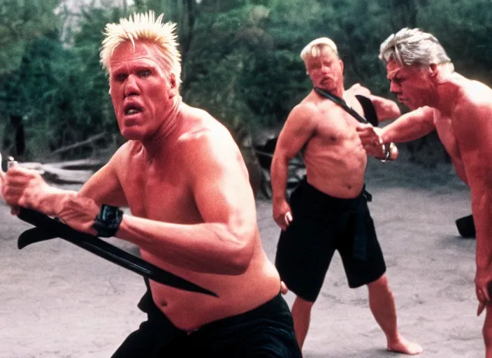 Image similar to film still of Gary Busey fighting Ninjas in the new Bloodsport movie, 8k