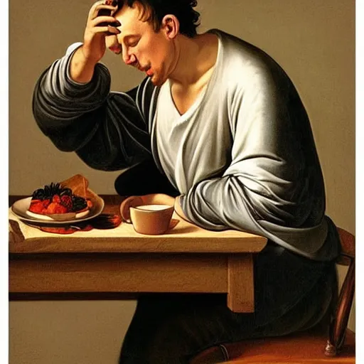 Image similar to sleepy dude, eating breakfast and scrolling twitter on his iPhone. In style of Caravaggio