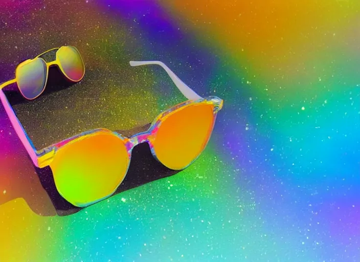 Prompt: yellow holographic sunglasses floating in outerspace