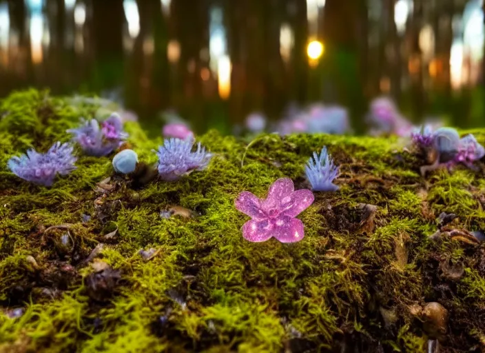 Prompt: a fantasy forest on an alien planet with delicate flowers and mushrooms that glow in the dusk, macro close up, bokeh,