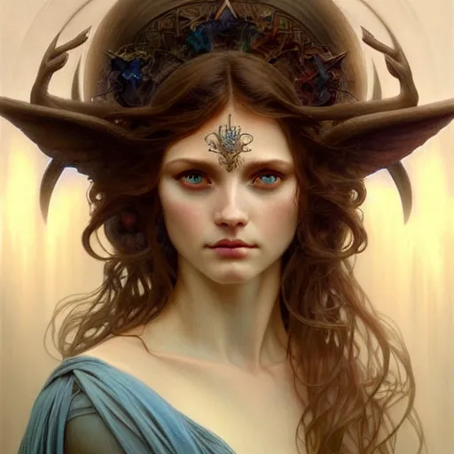 Image similar to portrait of an antropomorthic earth angel, forest spirit, D&D, blue eyes, face, fantasy, intricate, elegant, highly detailed, digital painting, artstation, concept art, smooth, sharp focus, illustration, art by artgerm and greg rutkowski and alphonse mucha