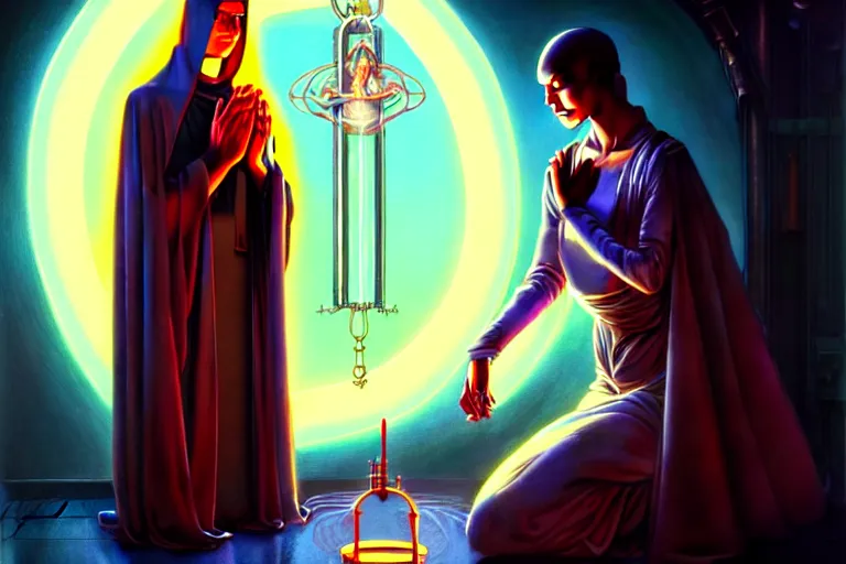 Image similar to patron saint 👩🏾 praying with machine, futuristic long robes clothing, worm hole, neon god of city character portrait, in the style of moebius, wlop, tom bagshaw, and waterhouse, cinematic lighting, beautiful, elegant, oil painting,