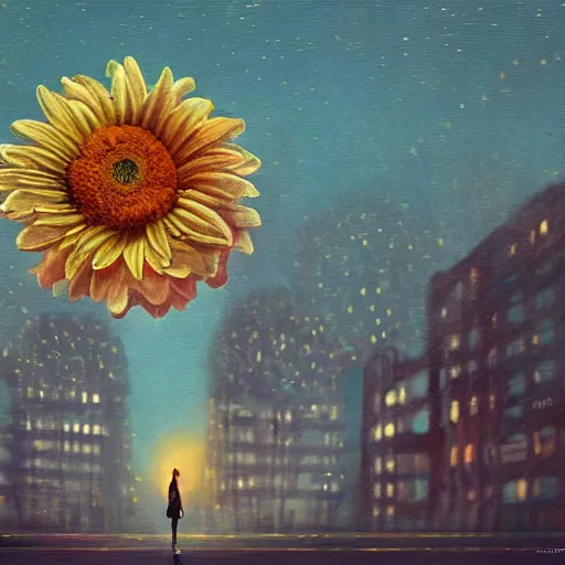 Image similar to closeup, huge daisy flower head, woman in modern city, surreal photography, night light, dark, impressionist painting, digital painting, artstation, simon stalenhag