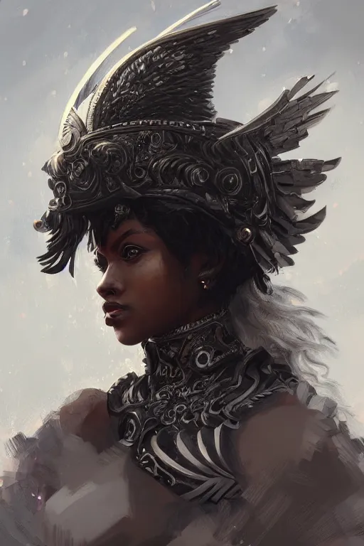 Image similar to a full portrait of a black female valkyrie, winged helmet, intricate, elegant, highly detailed, digital painting, japanese, artstation, in the style of krenz cushart, artem demura