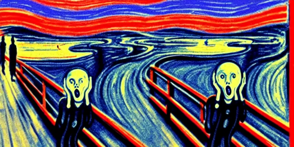 Image similar to The Scream painting with robot inspired by black widow by white night on art station