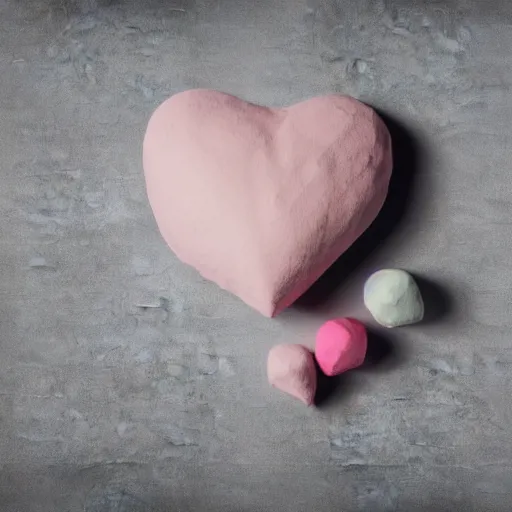 Image similar to 3d render of a rough clay heart shape in the middle of a gray sheet of paper, range of pastel colors on the left side