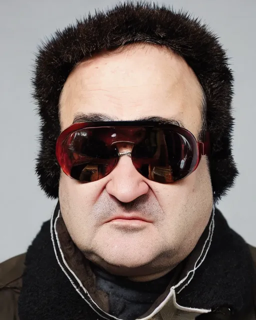 Prompt: headshot of john belushi wearing a leather ushanka and aviator goggles, he is also wearing an a 2 flight jacket, a long white scarf is wrapped around his neck, he has a 5 o'clock shadow, a crazed angry look on his face