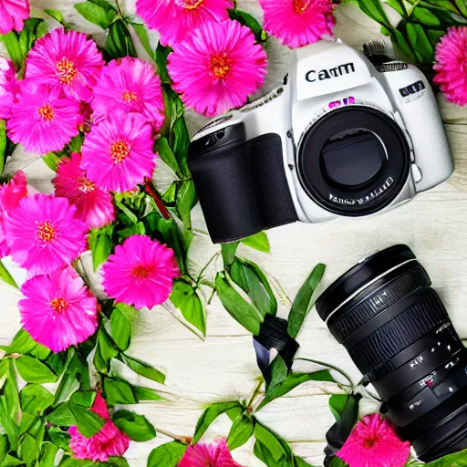 Image similar to photo of a dslr camera surrounded by flowers