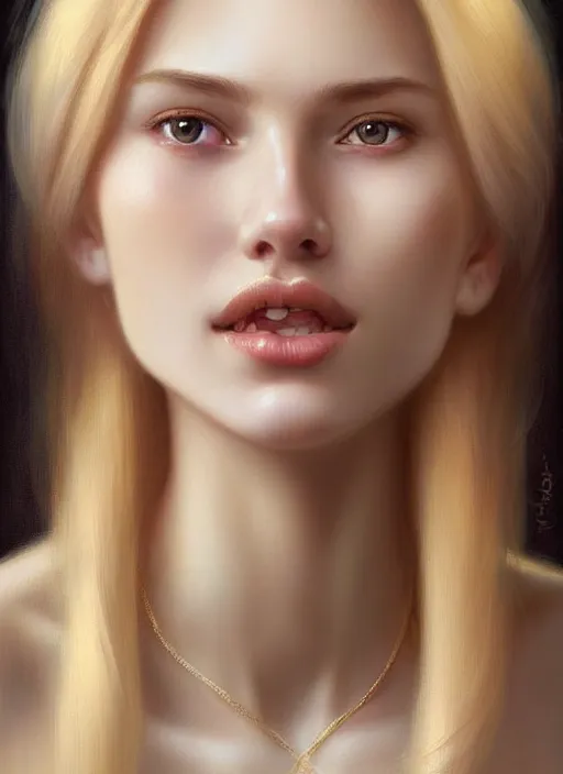 Image similar to beautiful feminine face! portrait of young woman blessed by god with ever - increasing physical mental perfection, blonde hair, symmetrical! intricate, elegant, highly detailed, holy perfection!! smile, plush lips, digital painting, artstation, concept art, smooth, sharp focus, illustration, art by artgerm and greg rutkowski and alphonse mucha