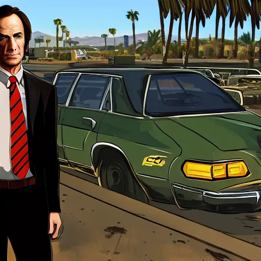 Image similar to Saul Goodman in GTA V . Los Santos in the background, palm trees. In the art style of Stephen Bliss.