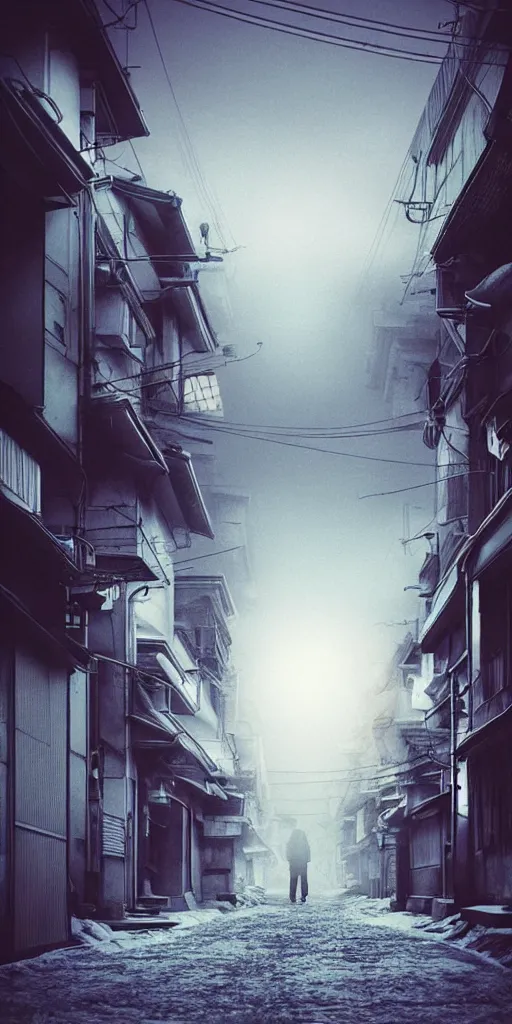 Image similar to nuclear winter, street of kyoto, near future, fantasy, sci - fi, hyper realistic, serene, morning.