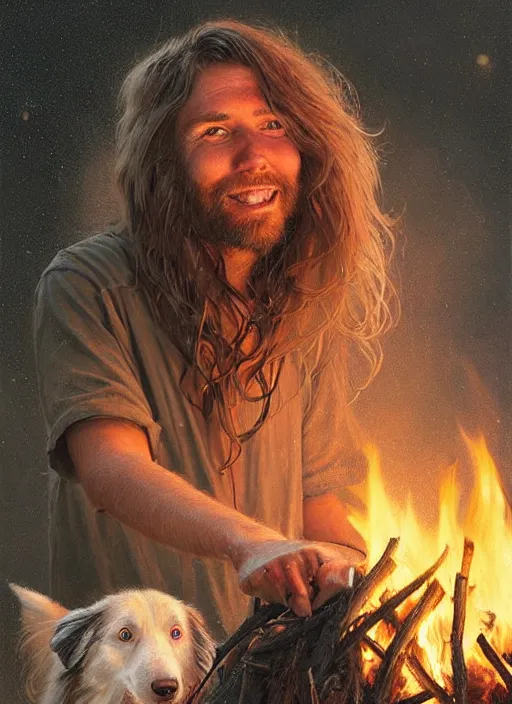 Image similar to highly detailed portrait of long - haired hillbilly around a bonfire with his fluffy australian shepherd, blonde hair, stephen bliss, art by greg rutkowski, loish, rhads, ferdinand knab, makoto shinkai and lois van baarle, artgerm, pixar, ilya kuvshinov, rossdraws, tom bagshaw, global illumination