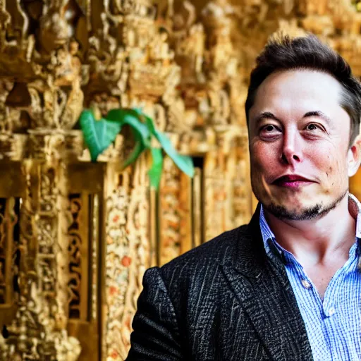 Prompt: A Photo Portrait of elon musk Wearing Indonesian Batik at a Balinese temple, award winning photography, sigma 85mm Lens F/1.4, blurred background, perfect faces