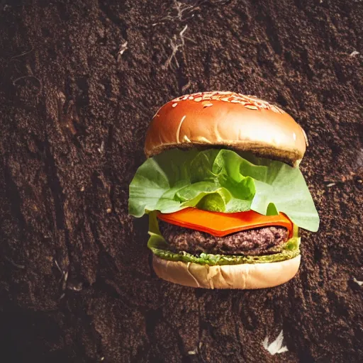 Image similar to a hamburger in a swamp, product photography