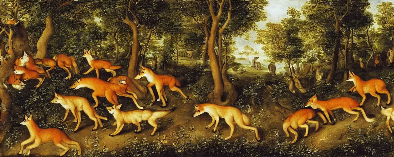 Prompt: A group of foxes and wolves running through the forest, masterwork painting by Jan Brueghel the Elder