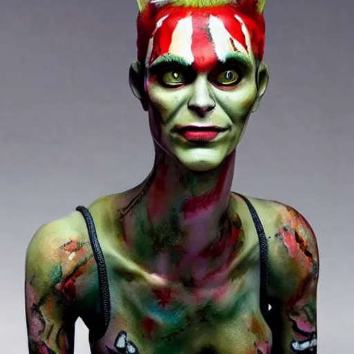 Image similar to ultra realistic painted sculpture of a very beautiful and attractive tank girl. waxwork. cinematic makeup. detailed lifelike. full body. jamie hewlett. beautiful. very attractive. wow. stunning. punk. comic