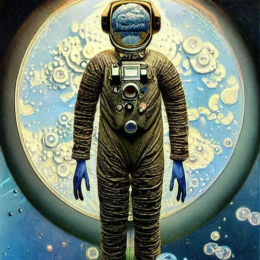 Prompt: realistic extremely detailed photo style portrait painting of a complete astronaut suit with exposed diamond 3d fractal lace iridescent bubble 3d skin clear brain , retro futuristic ,water , style hybrid mix of beeple,Anton Pieck,Jean Delville, Amano,Yves Tanguy, Alphonse Mucha, Ernst Haeckel, Edward Robert Hughes,Stanisław Szukalski , rich moody colors,diamond dust glitter and sparkles, holographic krypton ion,blue eyes,octane render,4k,f32,65mm,wideangle fullshot,fs