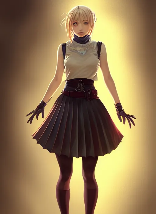 Image similar to portrait of a full body of beautiful young female detective, d & d, sleeveless turtleneck, pleated skirt, fantasy, flat lighting, intricate, highly detailed, digital painting, artstation, concept art, smooth, sharp focus, illustration, misa amane, art by simon bisley and greg rutkowski and alphonse mucha, natural tpose