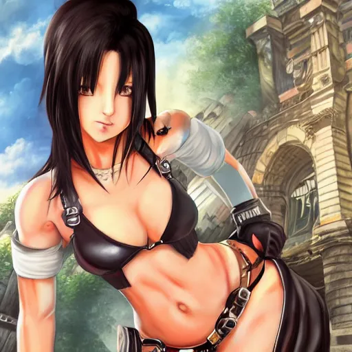 Prompt: high quality, full body shot of tifa lockhart in front of detailed background, trending on artstartion