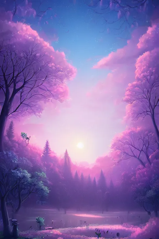 Image similar to A beautiful ultra detailed matte painting Moonlight woods near the water puffy clouds in sky vivid colors, by Cyril Rolando, David Wiesner, unreal engine, featured on artstation