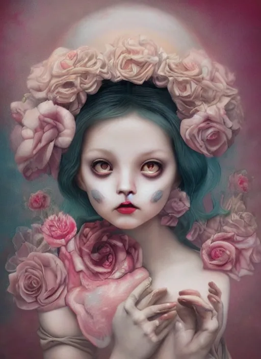 Image similar to pop surrealism, lowbrow art, realistic cute girl painting, japanese street fashion, hyper realism, muted colours, rococo, natalie shau, loreta lux, tom bagshaw, mark ryden, trevor brown style,