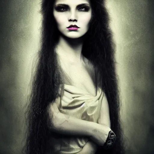 Image similar to the dark goddess of eternal night, beautiful, 8k, ethereal, cinematic, unearthly, moody, atmospheric, gothic, portrait, photomanipulation